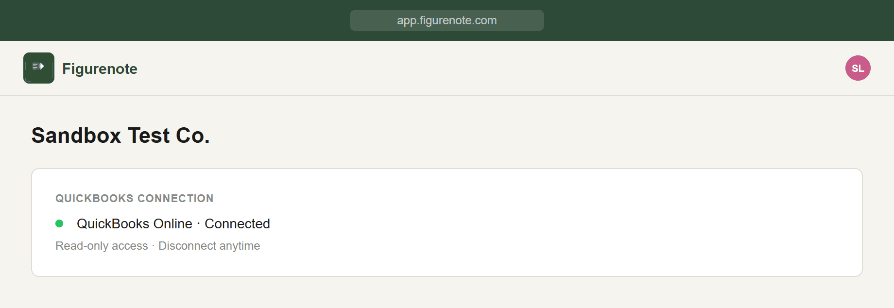 Figurenote — QuickBooks connection screen showing connected status