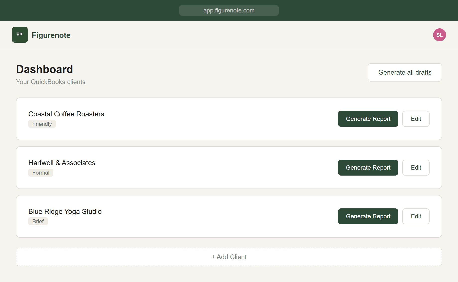Figurenote — Dashboard showing QuickBooks client list with tone badges